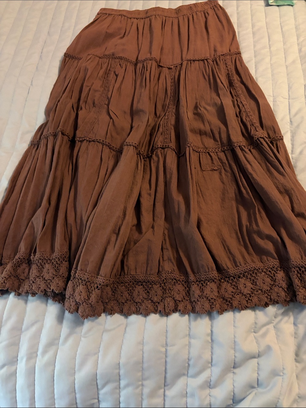 Bohemian Brown Tiered A-Line Skirt with Crochet Trim - Picture 3 of 7